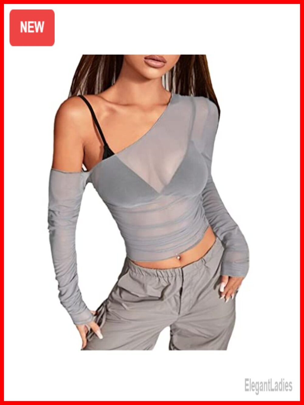 Women Sheer Mesh Long Sleeve Off Shoulder Ruched Crop Top Clubwear